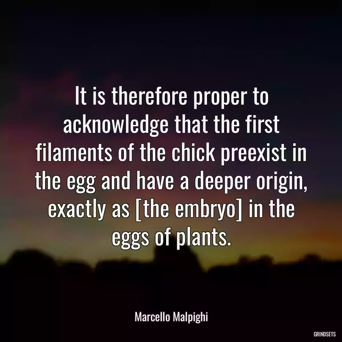 It is therefore proper to acknowledge that the first filaments of the chick preexist in the egg and have a deeper origin, exactly as [the embryo] in the eggs of plants.