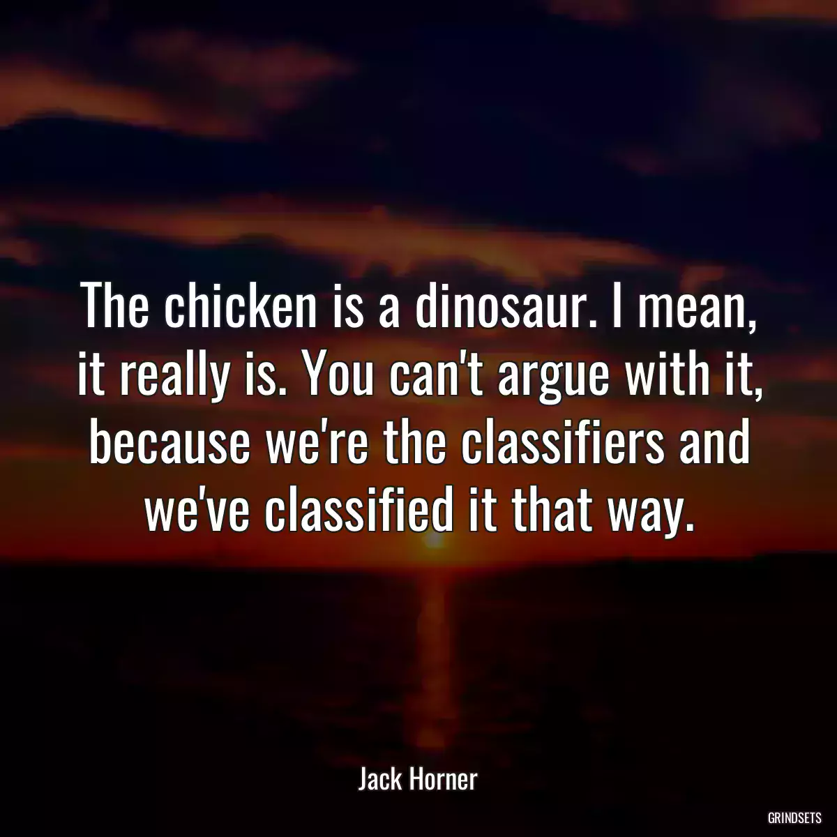 The chicken is a dinosaur. I mean, it really is. You can\'t argue with it, because we\'re the classifiers and we\'ve classified it that way.