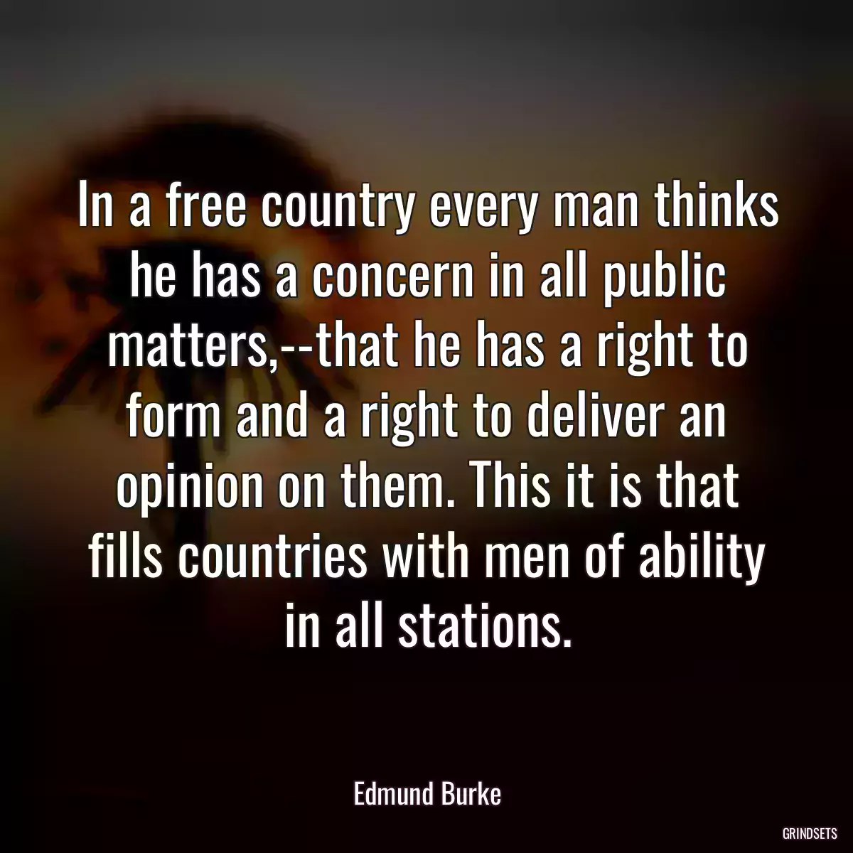 In a free country every man thinks he has a concern in all public matters,--that he has a right to form and a right to deliver an opinion on them. This it is that fills countries with men of ability in all stations.