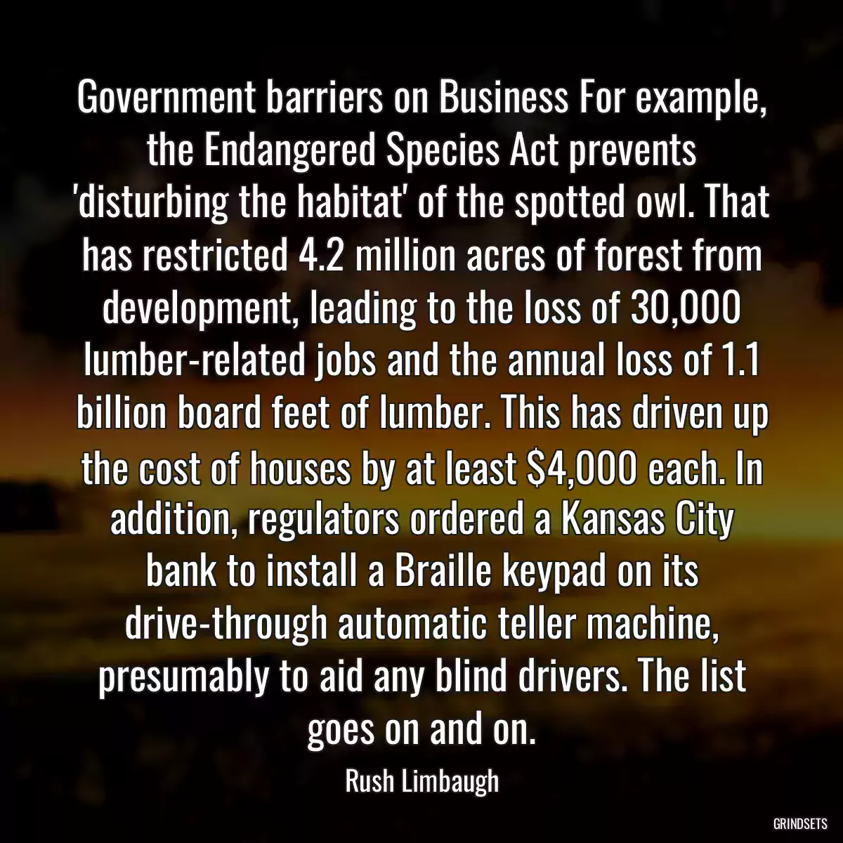 Government barriers on Business For example, the Endangered Species Act prevents \'disturbing the habitat\' of the spotted owl. That has restricted 4.2 million acres of forest from development, leading to the loss of 30,000 lumber-related jobs and the annual loss of 1.1 billion board feet of lumber. This has driven up the cost of houses by at least $4,000 each. In addition, regulators ordered a Kansas City bank to install a Braille keypad on its drive-through automatic teller machine, presumably to aid any blind drivers. The list goes on and on.