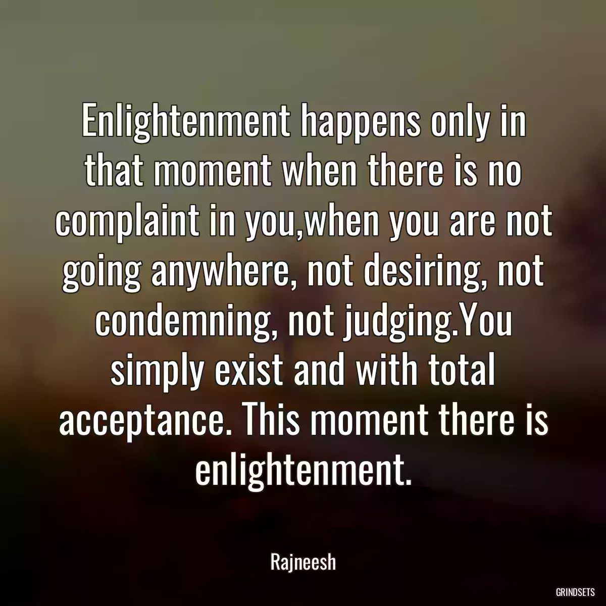 Enlightenment happens only in that moment when there is no complaint in you,when you are not going anywhere, not desiring, not condemning, not judging.You simply exist and with total acceptance. This moment there is enlightenment.