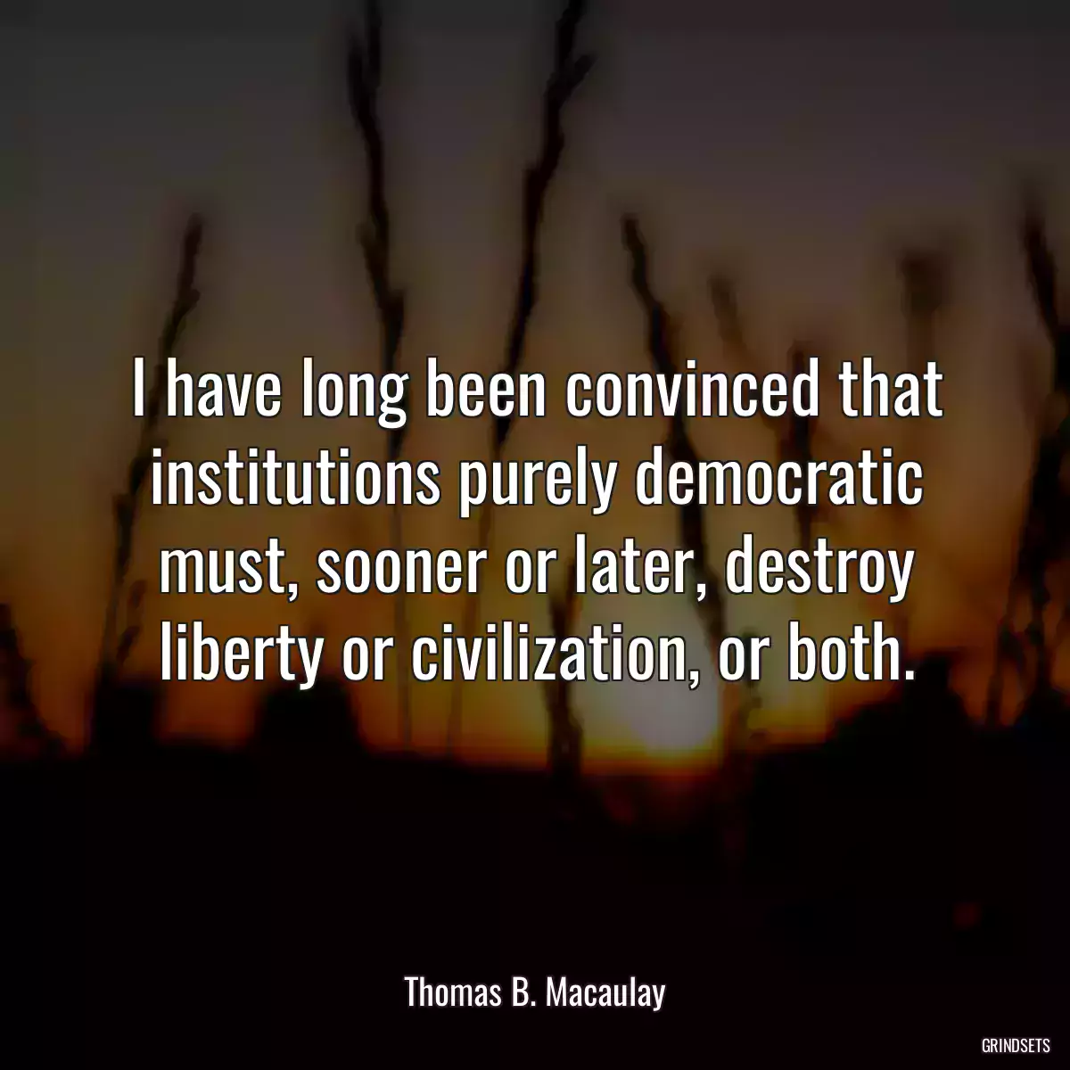 I have long been convinced that institutions purely democratic must, sooner or later, destroy liberty or civilization, or both.