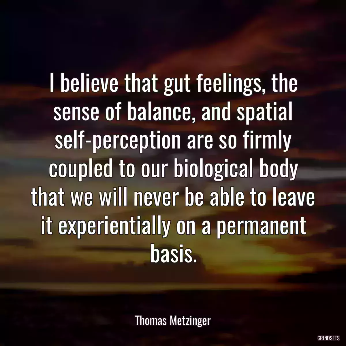 I believe that gut feelings, the sense of balance, and spatial self-perception are so firmly coupled to our biological body that we will never be able to leave it experientially on a permanent basis.