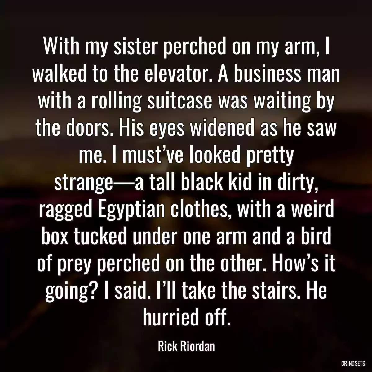 With my sister perched on my arm, I walked to the elevator. A business man with a rolling suitcase was waiting by the doors. His eyes widened as he saw me. I must’ve looked pretty strange—a tall black kid in dirty, ragged Egyptian clothes, with a weird box tucked under one arm and a bird of prey perched on the other. How’s it going? I said. I’ll take the stairs. He hurried off.