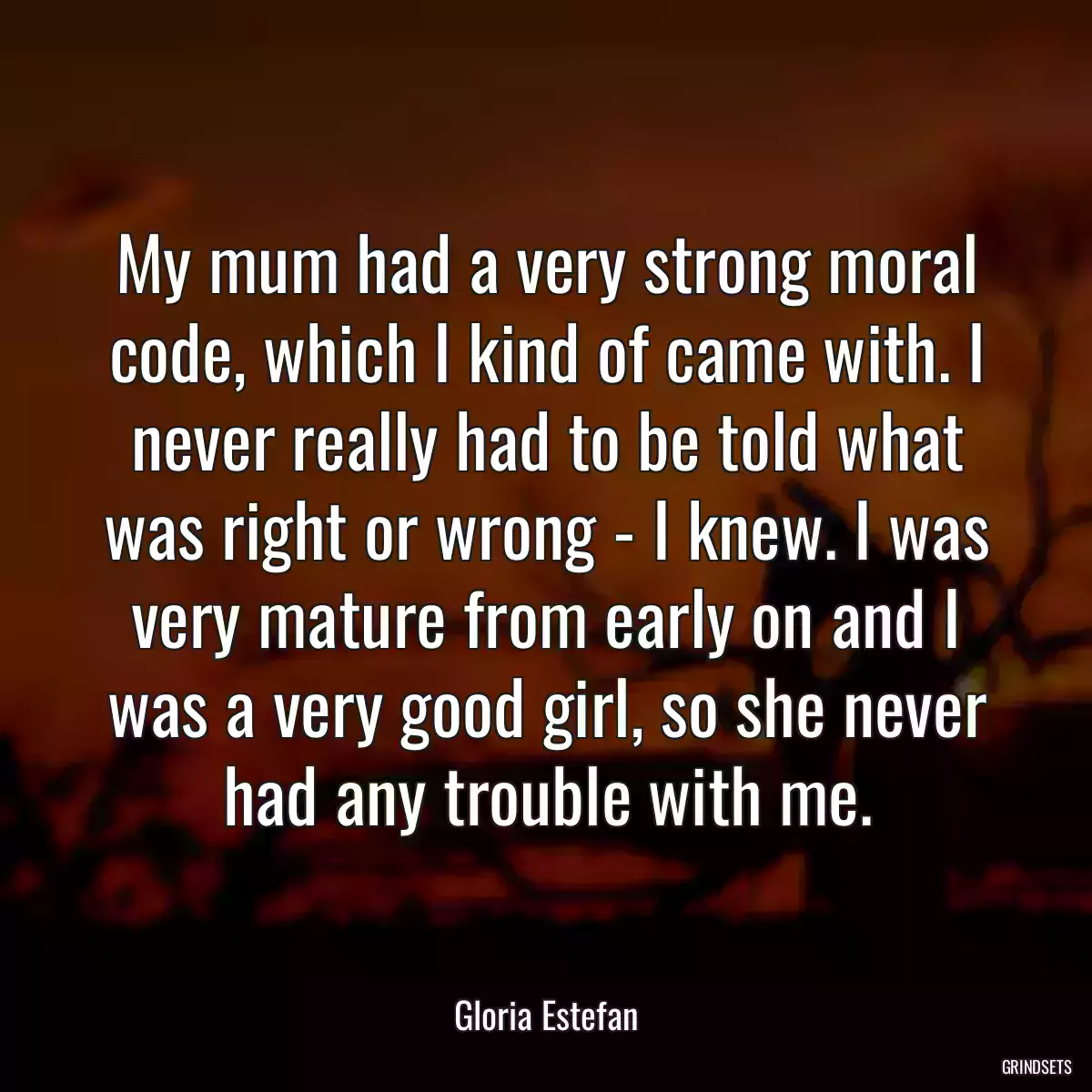 My mum had a very strong moral code, which I kind of came with. I never really had to be told what was right or wrong - I knew. I was very mature from early on and I was a very good girl, so she never had any trouble with me.