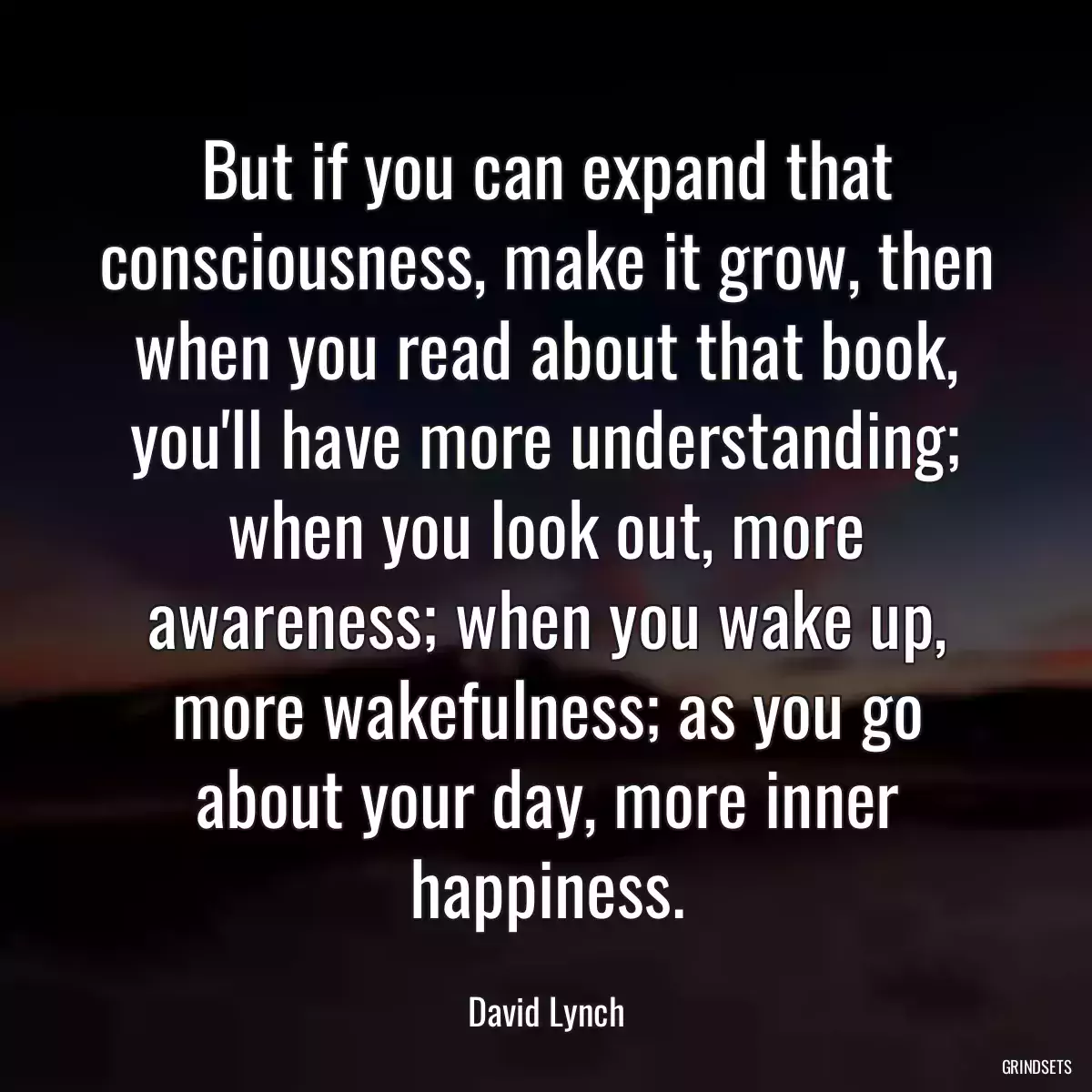 But if you can expand that consciousness, make it grow, then when you read about that book, you\'ll have more understanding; when you look out, more awareness; when you wake up, more wakefulness; as you go about your day, more inner happiness.