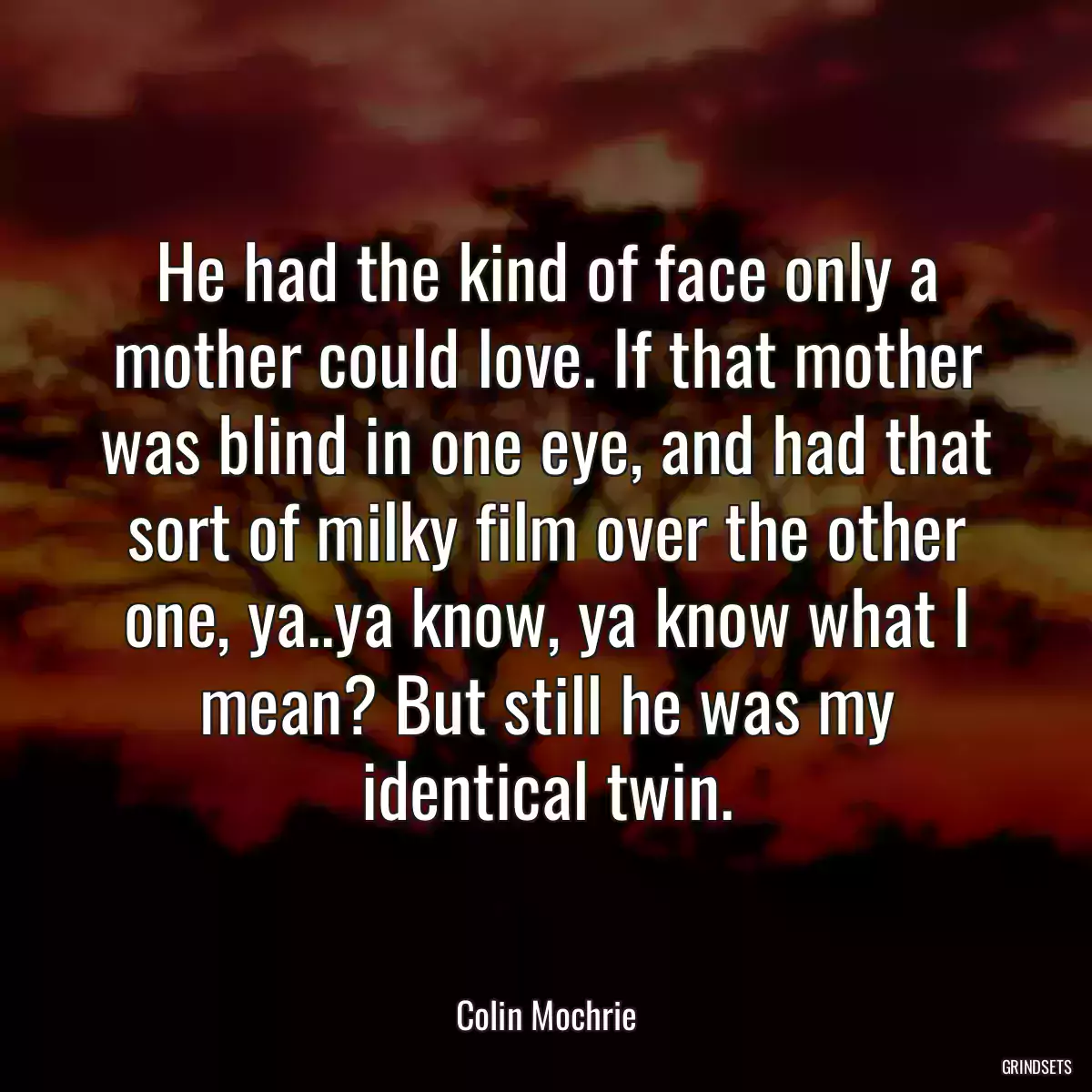 He had the kind of face only a mother could love. If that mother was blind in one eye, and had that sort of milky film over the other one, ya..ya know, ya know what I mean? But still he was my identical twin.