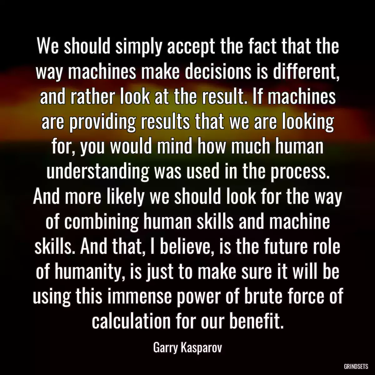 We should simply accept the fact that the way machines make decisions is different, and rather look at the result. If machines are providing results that we are looking for, you would mind how much human understanding was used in the process. And more likely we should look for the way of combining human skills and machine skills. And that, I believe, is the future role of humanity, is just to make sure it will be using this immense power of brute force of calculation for our benefit.