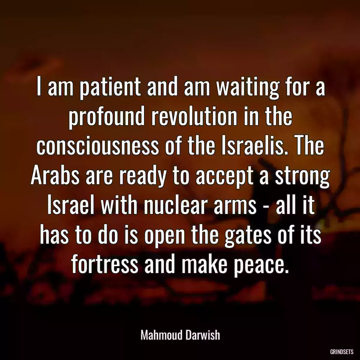 I am patient and am waiting for a profound revolution in the consciousness of the Israelis. The Arabs are ready to accept a strong Israel with nuclear arms - all it has to do is open the gates of its fortress and make peace.