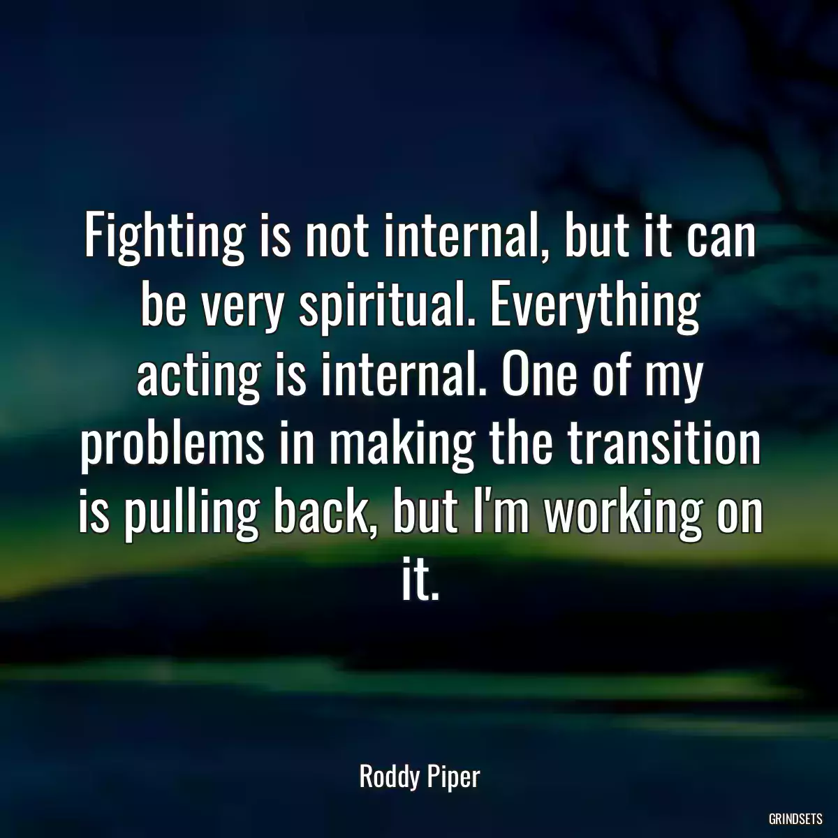 Fighting is not internal, but it can be very spiritual. Everything acting is internal. One of my problems in making the transition is pulling back, but I\'m working on it.