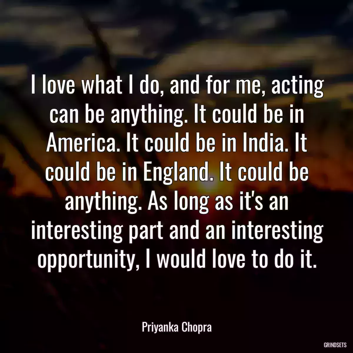 I love what I do, and for me, acting can be anything. It could be in America. It could be in India. It could be in England. It could be anything. As long as it\'s an interesting part and an interesting opportunity, I would love to do it.