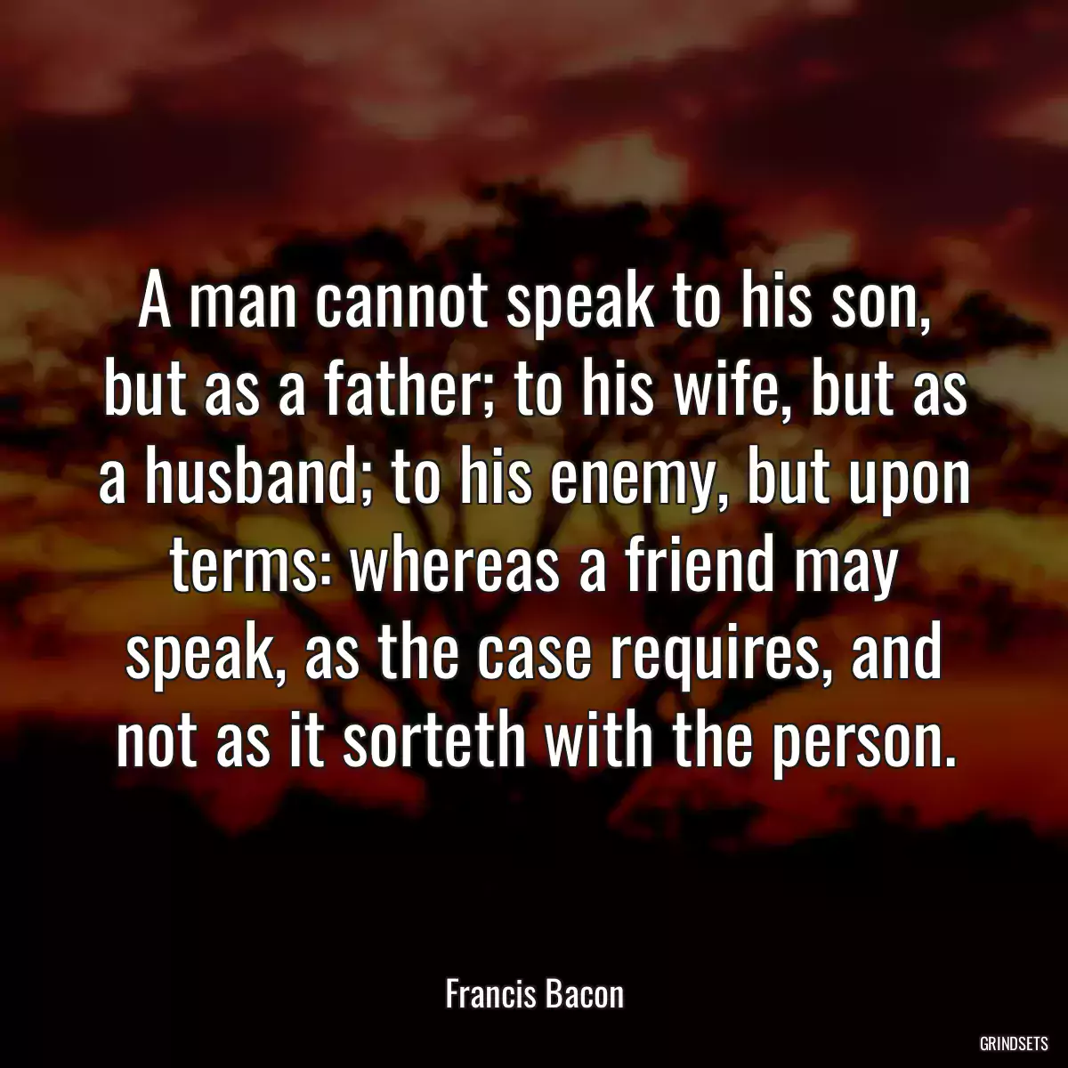 A man cannot speak to his son, but as a father; to his wife, but as a husband; to his enemy, but upon terms: whereas a friend may speak, as the case requires, and not as it sorteth with the person.