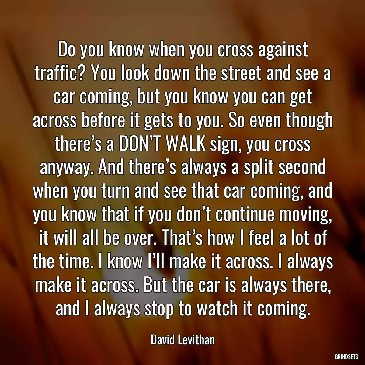 Do you know when you cross against traffic? You look down the street and see a car coming, but you know you can get across before it gets to you. So even though there’s a DON’T WALK sign, you cross anyway. And there’s always a split second when you turn and see that car coming, and you know that if you don’t continue moving, it will all be over. That’s how I feel a lot of the time. I know I’ll make it across. I always make it across. But the car is always there, and I always stop to watch it coming.