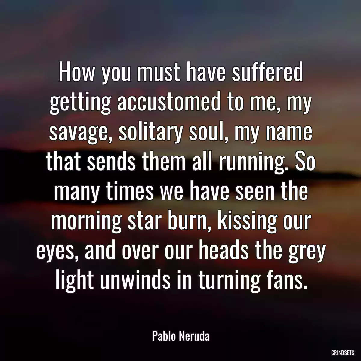 How you must have suffered getting accustomed to me, my savage, solitary soul, my name that sends them all running. So many times we have seen the morning star burn, kissing our eyes, and over our heads the grey light unwinds in turning fans.