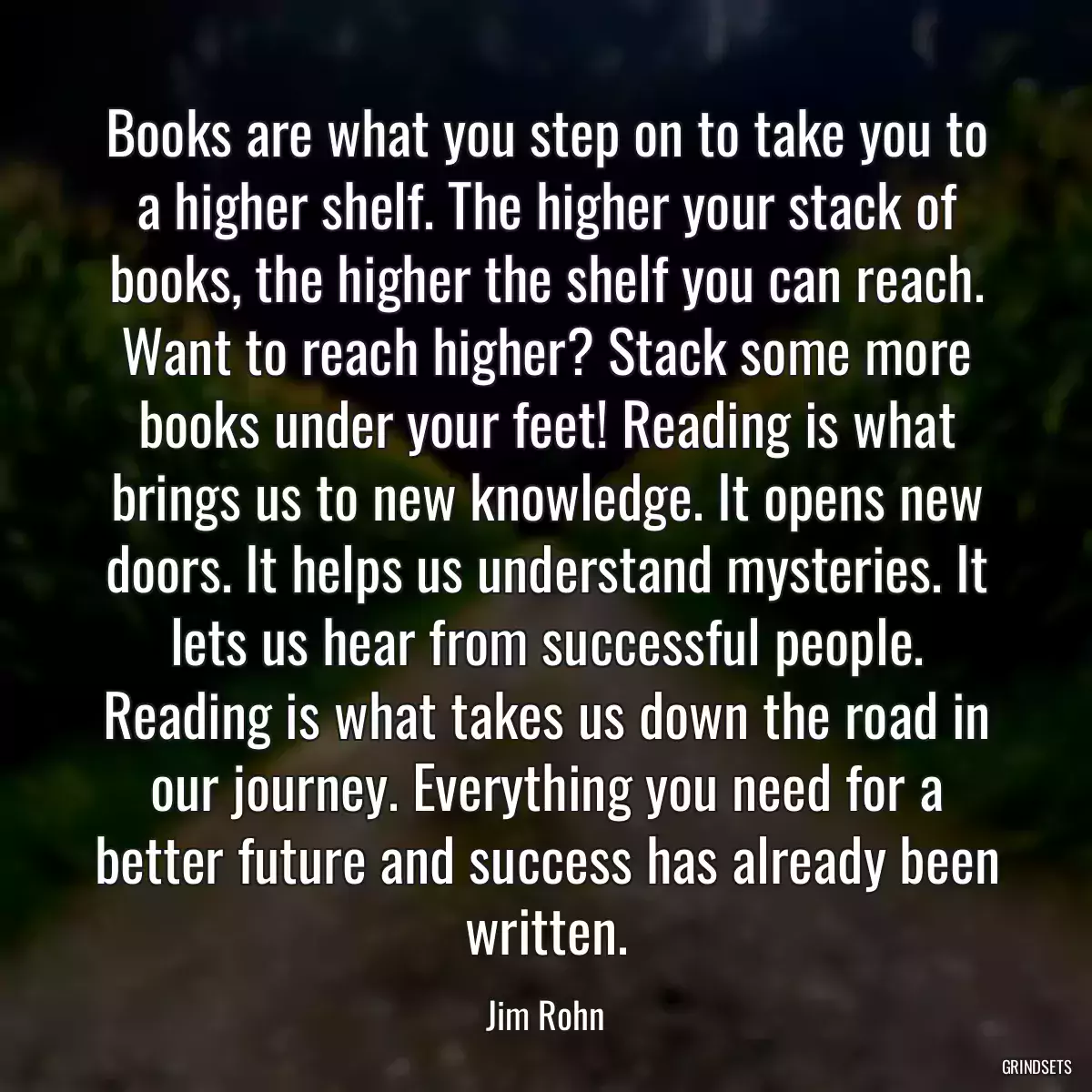 Books are what you step on to take you to a higher shelf. The higher your stack of books, the higher the shelf you can reach. Want to reach higher? Stack some more books under your feet! Reading is what brings us to new knowledge. It opens new doors. It helps us understand mysteries. It lets us hear from successful people. Reading is what takes us down the road in our journey. Everything you need for a better future and success has already been written.