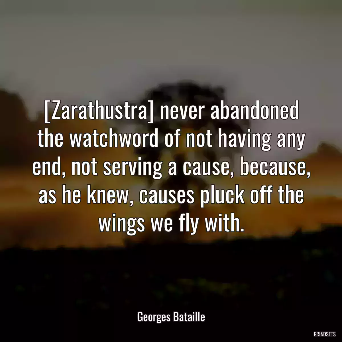 [Zarathustra] never abandoned the watchword of not having any end, not serving a cause, because, as he knew, causes pluck off the wings we fly with.