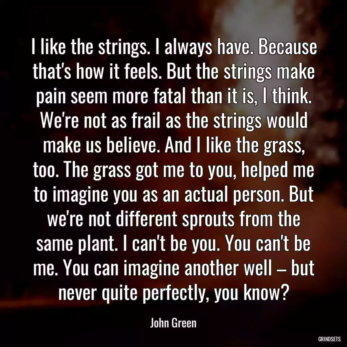 I like the strings. I always have. Because that\'s how it feels. But the strings make pain seem more fatal than it is, I think. We\'re not as frail as the strings would make us believe. And I like the grass, too. The grass got me to you, helped me to imagine you as an actual person. But we\'re not different sprouts from the same plant. I can\'t be you. You can\'t be me. You can imagine another well – but never quite perfectly, you know?