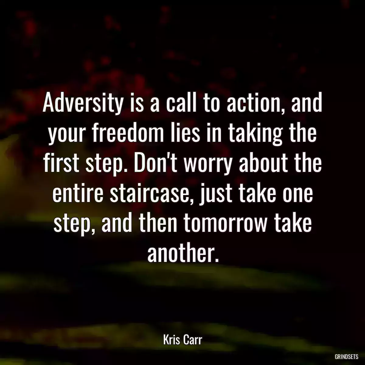 Adversity is a call to action, and your freedom lies in taking the first step. Don\'t worry about the entire staircase, just take one step, and then tomorrow take another.