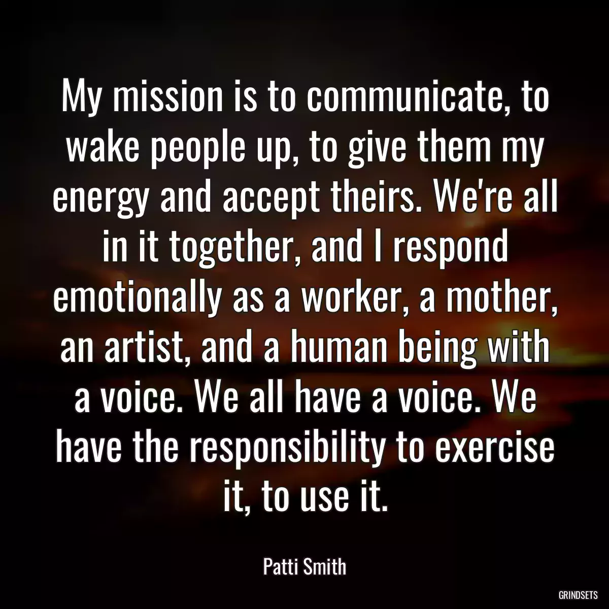 My mission is to communicate, to wake people up, to give them my energy and accept theirs. We\'re all in it together, and I respond emotionally as a worker, a mother, an artist, and a human being with a voice. We all have a voice. We have the responsibility to exercise it, to use it.