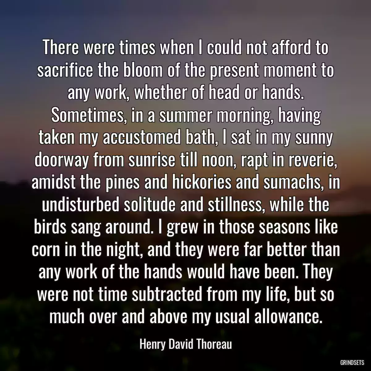 There were times when I could not afford to sacrifice the bloom of the present moment to any work, whether of head or hands. Sometimes, in a summer morning, having taken my accustomed bath, I sat in my sunny doorway from sunrise till noon, rapt in reverie, amidst the pines and hickories and sumachs, in undisturbed solitude and stillness, while the birds sang around. I grew in those seasons like corn in the night, and they were far better than any work of the hands would have been. They were not time subtracted from my life, but so much over and above my usual allowance.