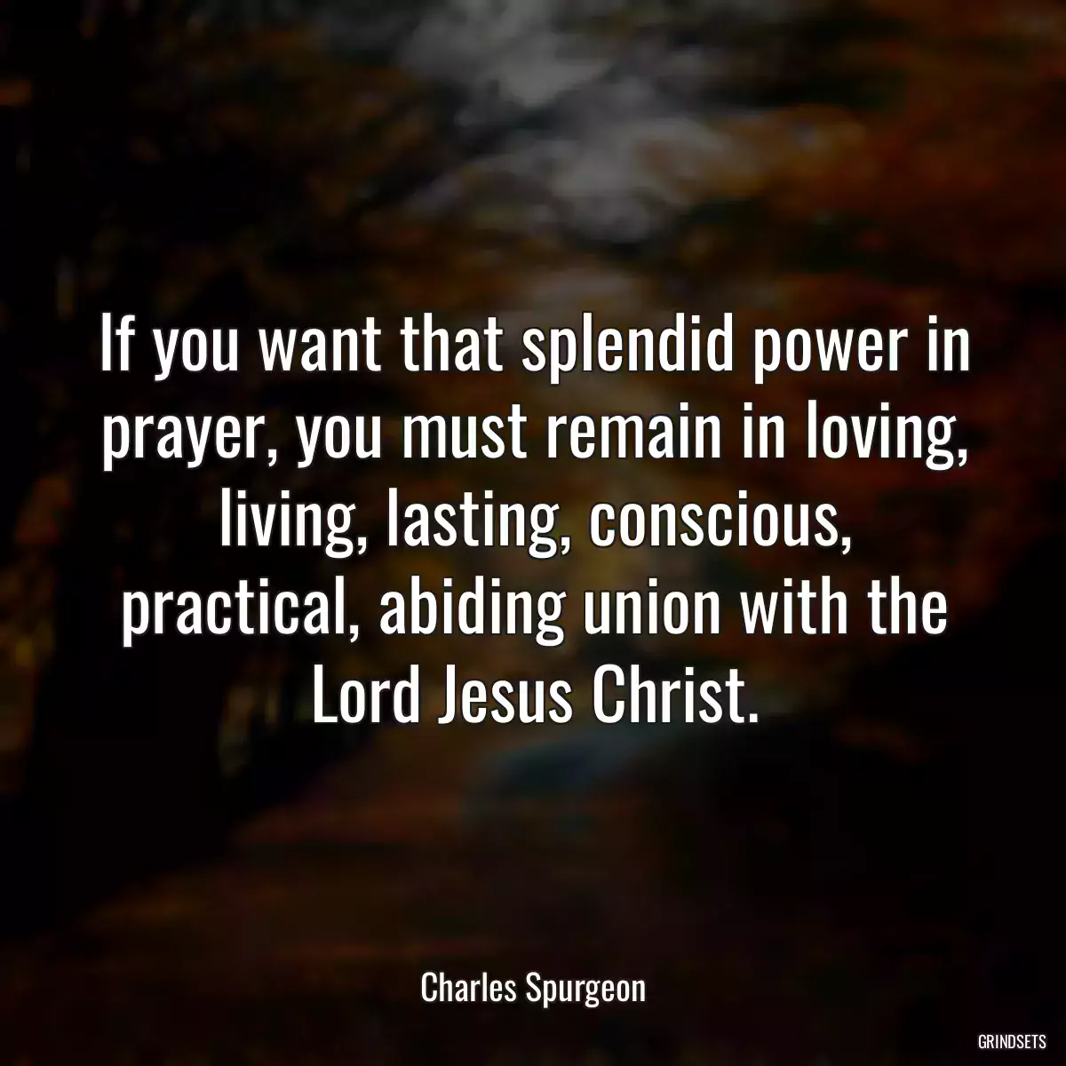 If you want that splendid power in prayer, you must remain in loving, living, lasting, conscious, practical, abiding union with the Lord Jesus Christ.