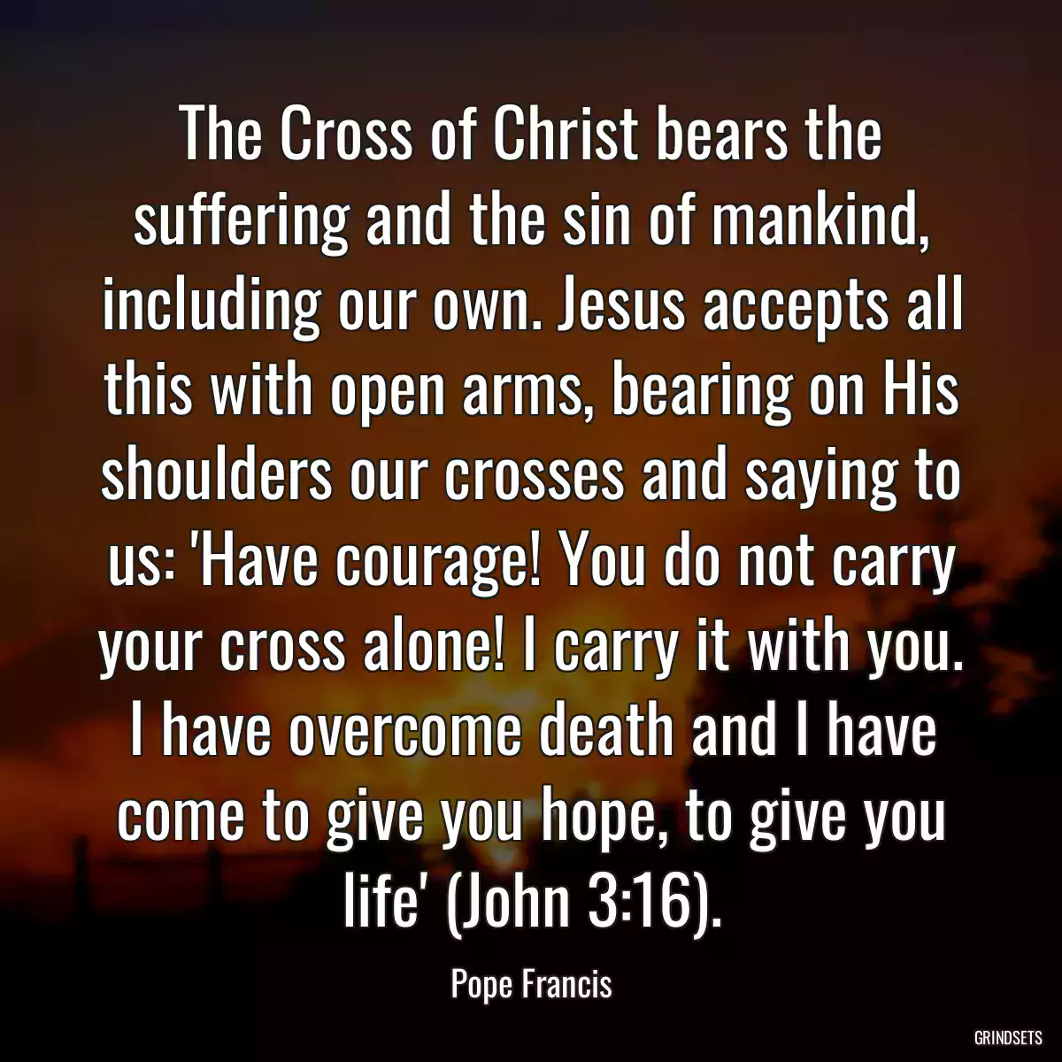 The Cross of Christ bears the suffering and the sin of mankind, including our own. Jesus accepts all this with open arms, bearing on His shoulders our crosses and saying to us: \'Have courage! You do not carry your cross alone! I carry it with you. I have overcome death and I have come to give you hope, to give you life\' (John 3:16).