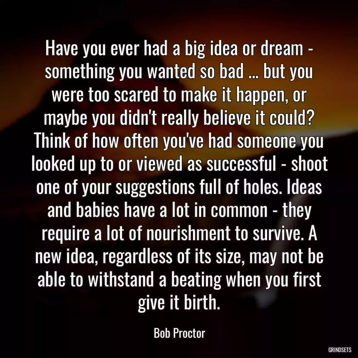 Have you ever had a big idea or dream - something you wanted so bad ... but you were too scared to make it happen, or maybe you didn\'t really believe it could? Think of how often you\'ve had someone you looked up to or viewed as successful - shoot one of your suggestions full of holes. Ideas and babies have a lot in common - they require a lot of nourishment to survive. A new idea, regardless of its size, may not be able to withstand a beating when you first give it birth.