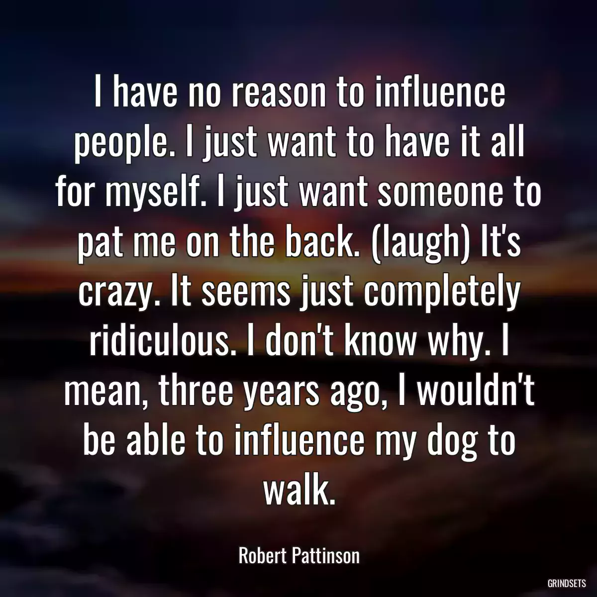 I have no reason to influence people. I just want to have it all for myself. I just want someone to pat me on the back. (laugh) It\'s crazy. It seems just completely ridiculous. I don\'t know why. I mean, three years ago, I wouldn\'t be able to influence my dog to walk.