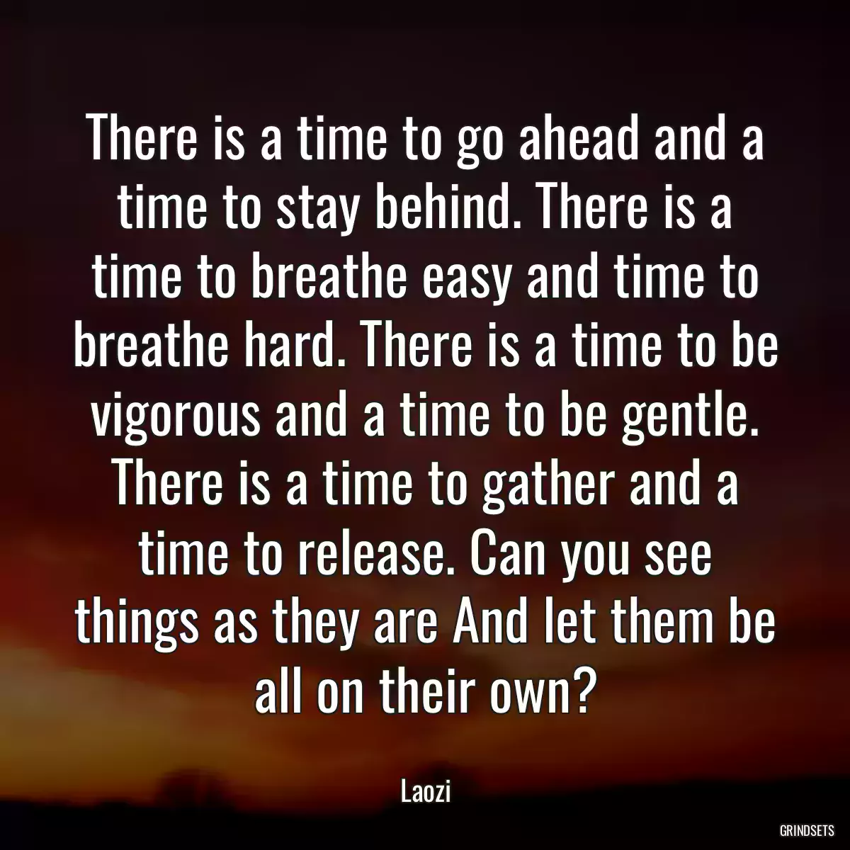 There is a time to go ahead and a time to stay behind. There is a time to breathe easy and time to breathe hard. There is a time to be vigorous and a time to be gentle. There is a time to gather and a time to release. Can you see things as they are And let them be all on their own?