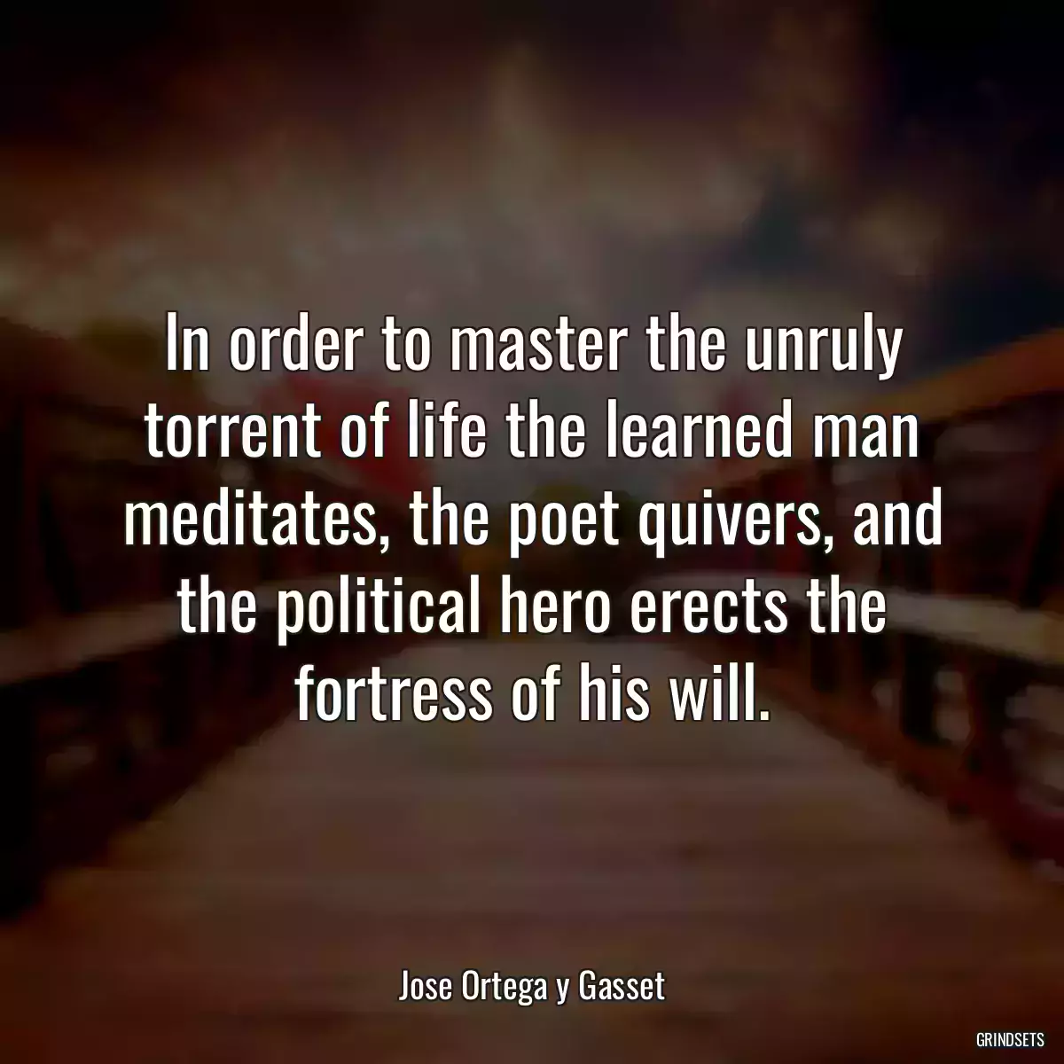 In order to master the unruly torrent of life the learned man meditates, the poet quivers, and the political hero erects the fortress of his will.