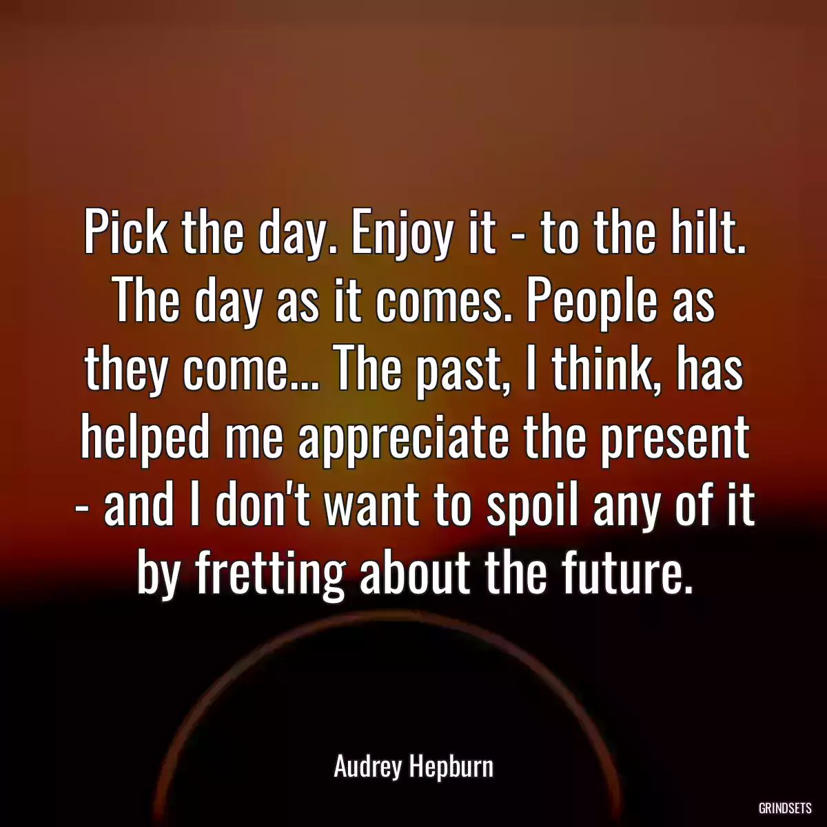 Pick the day. Enjoy it - to the hilt. The day as it comes. People as they come... The past, I think, has helped me appreciate the present - and I don\'t want to spoil any of it by fretting about the future.