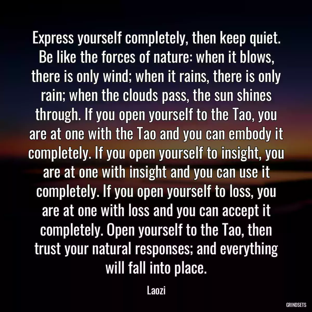 Express yourself completely, then keep quiet. Be like the forces of nature: when it blows, there is only wind; when it rains, there is only rain; when the clouds pass, the sun shines through. If you open yourself to the Tao, you are at one with the Tao and you can embody it completely. If you open yourself to insight, you are at one with insight and you can use it completely. If you open yourself to loss, you are at one with loss and you can accept it completely. Open yourself to the Tao, then trust your natural responses; and everything will fall into place.