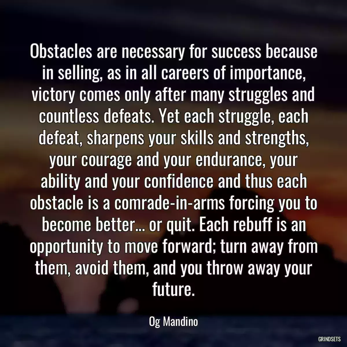 Obstacles are necessary for success because in selling, as in all careers of importance, victory comes only after many struggles and countless defeats. Yet each struggle, each defeat, sharpens your skills and strengths, your courage and your endurance, your ability and your confidence and thus each obstacle is a comrade-in-arms forcing you to become better... or quit. Each rebuff is an opportunity to move forward; turn away from them, avoid them, and you throw away your future.