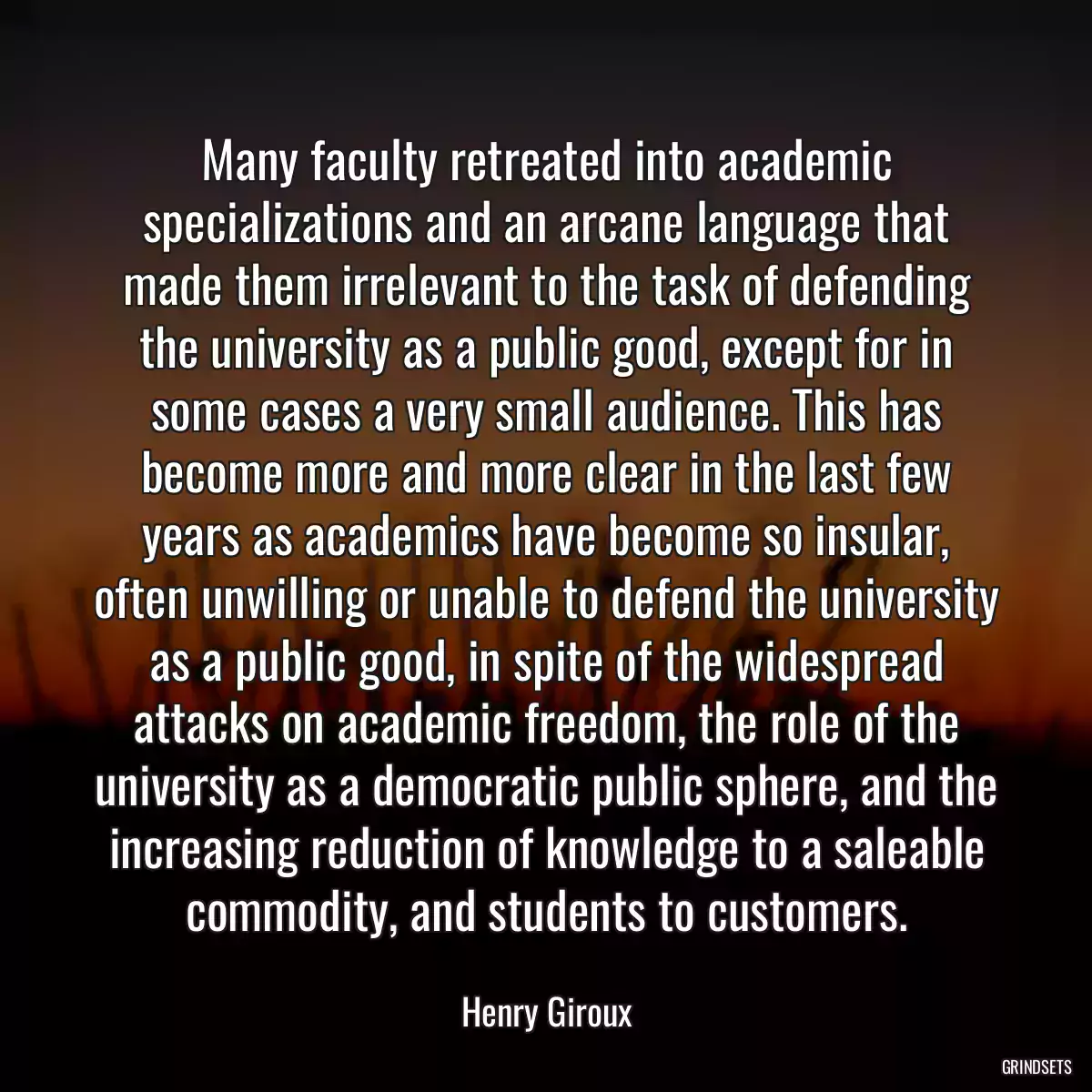 Many faculty retreated into academic specializations and an arcane language that made them irrelevant to the task of defending the university as a public good, except for in some cases a very small audience. This has become more and more clear in the last few years as academics have become so insular, often unwilling or unable to defend the university as a public good, in spite of the widespread attacks on academic freedom, the role of the university as a democratic public sphere, and the increasing reduction of knowledge to a saleable commodity, and students to customers.