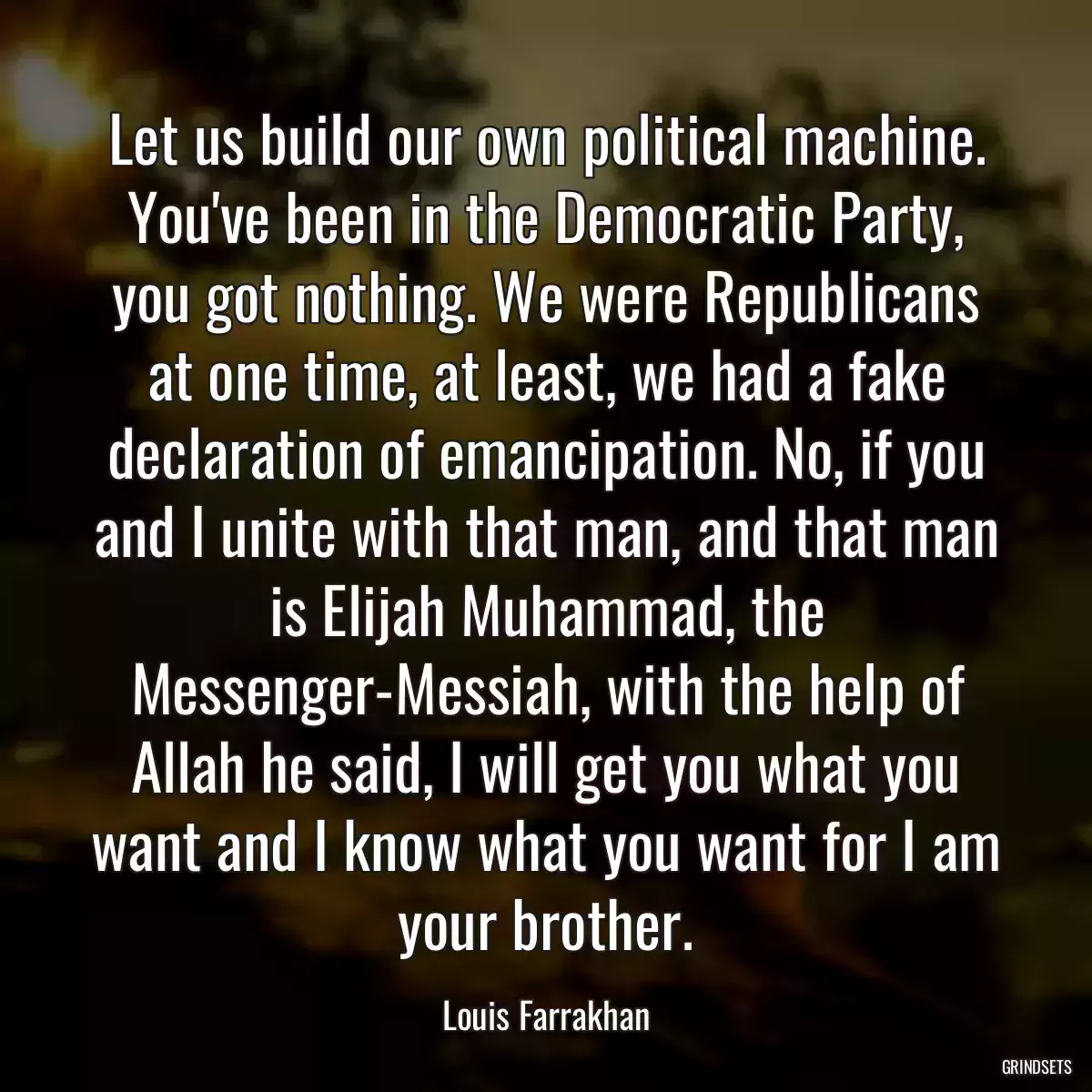 Let us build our own political machine. You\'ve been in the Democratic Party, you got nothing. We were Republicans at one time, at least, we had a fake declaration of emancipation. No, if you and I unite with that man, and that man is Elijah Muhammad, the Messenger-Messiah, with the help of Allah he said, I will get you what you want and I know what you want for I am your brother.