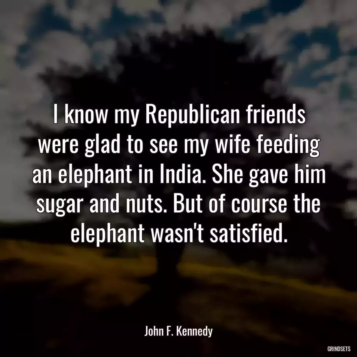 I know my Republican friends were glad to see my wife feeding an elephant in India. She gave him sugar and nuts. But of course the elephant wasn\'t satisfied.