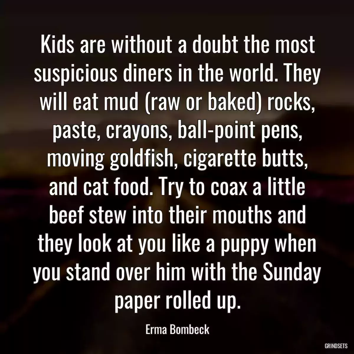 Kids are without a doubt the most suspicious diners in the world. They will eat mud (raw or baked) rocks, paste, crayons, ball-point pens, moving goldfish, cigarette butts, and cat food. Try to coax a little beef stew into their mouths and they look at you like a puppy when you stand over him with the Sunday paper rolled up.