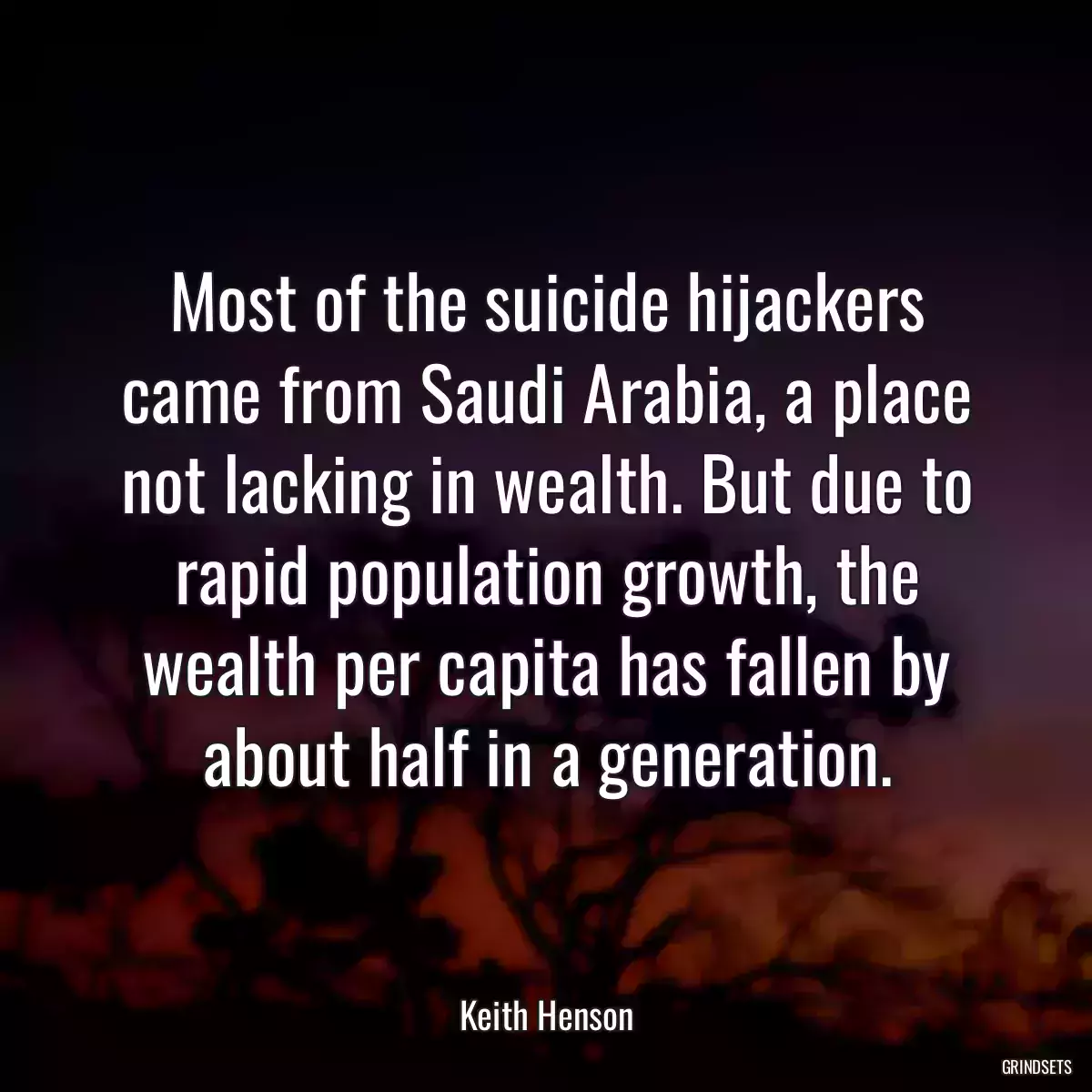 Most of the suicide hijackers came from Saudi Arabia, a place not lacking in wealth. But due to rapid population growth, the wealth per capita has fallen by about half in a generation.