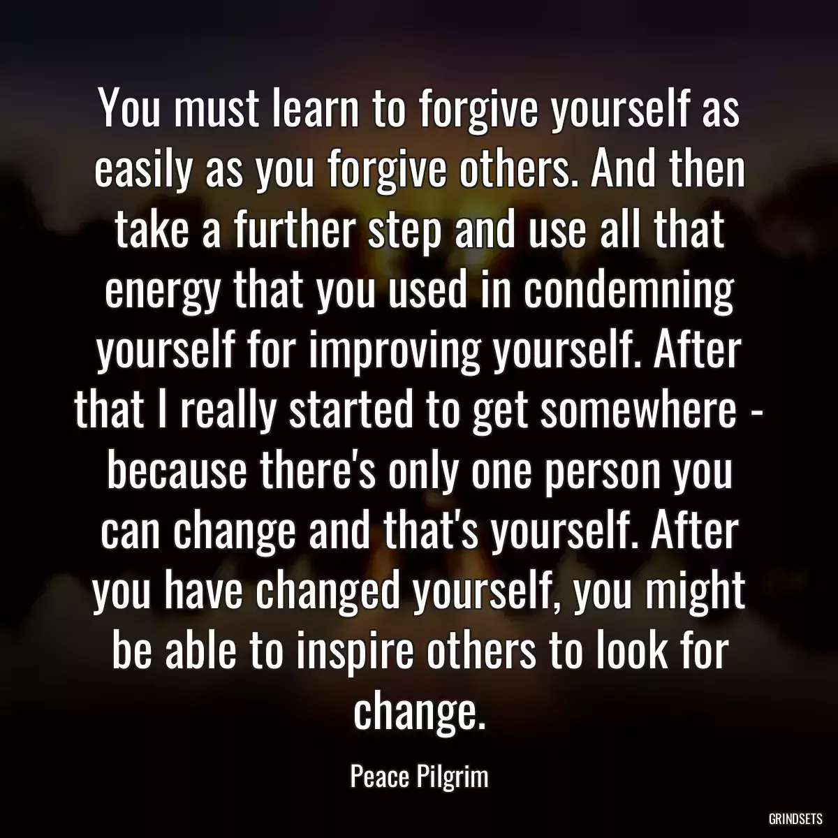 You must learn to forgive yourself as easily as you forgive others. And then take a further step and use all that energy that you used in condemning yourself for improving yourself. After that I really started to get somewhere - because there\'s only one person you can change and that\'s yourself. After you have changed yourself, you might be able to inspire others to look for change.