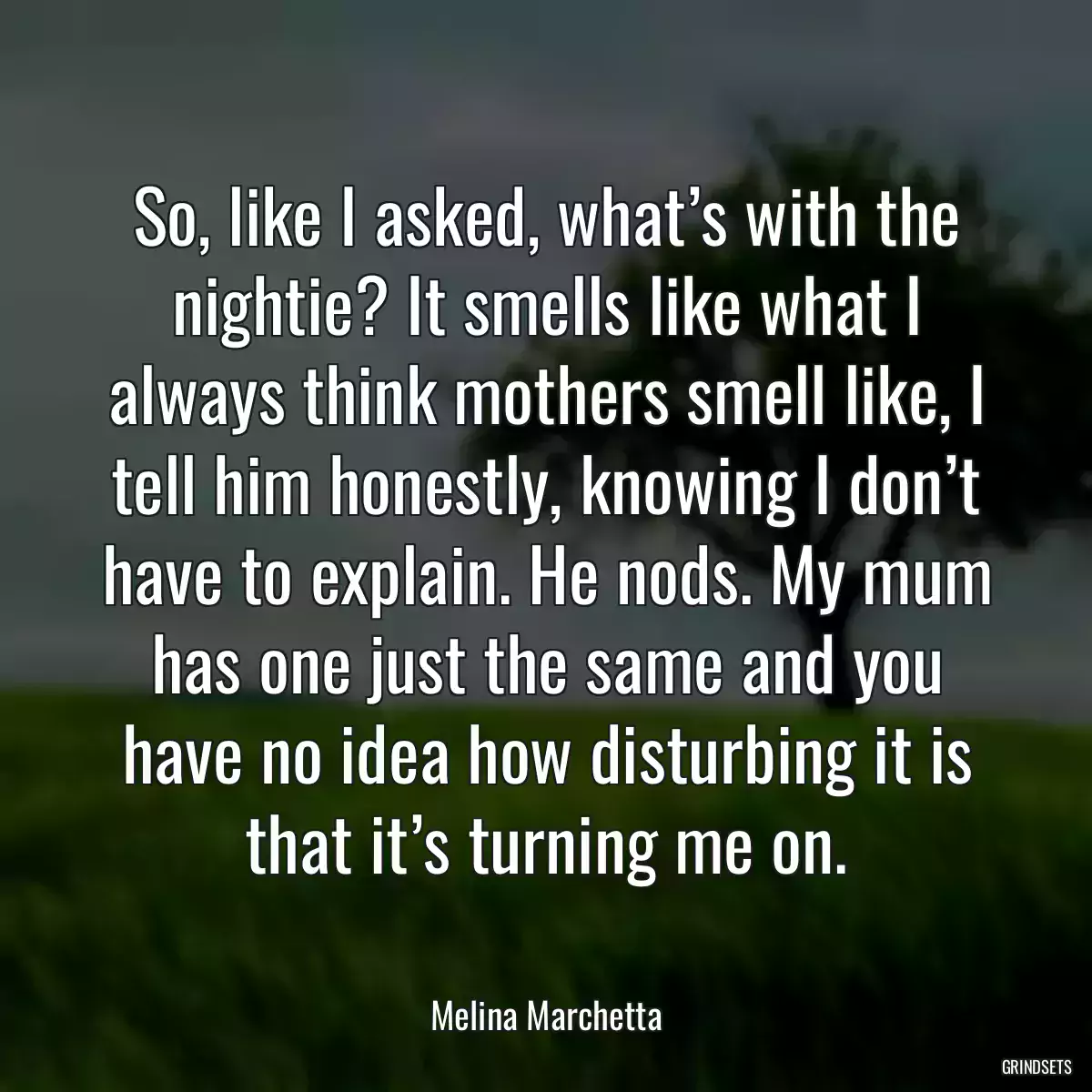 So, like I asked, what’s with the nightie? It smells like what I always think mothers smell like, I tell him honestly, knowing I don’t have to explain. He nods. My mum has one just the same and you have no idea how disturbing it is that it’s turning me on.