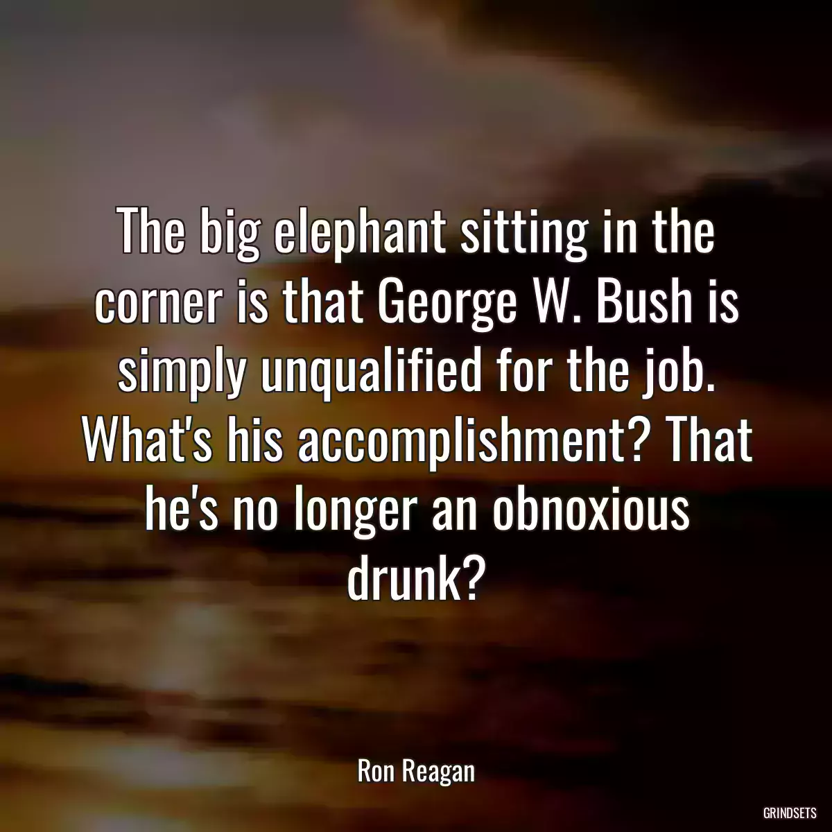 The big elephant sitting in the corner is that George W. Bush is simply unqualified for the job. What\'s his accomplishment? That he\'s no longer an obnoxious drunk?