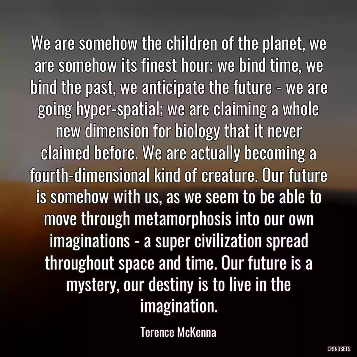 We are somehow the children of the planet, we are somehow its finest hour; we bind time, we bind the past, we anticipate the future - we are going hyper-spatial; we are claiming a whole new dimension for biology that it never claimed before. We are actually becoming a fourth-dimensional kind of creature. Our future is somehow with us, as we seem to be able to move through metamorphosis into our own imaginations - a super civilization spread throughout space and time. Our future is a mystery, our destiny is to live in the imagination.