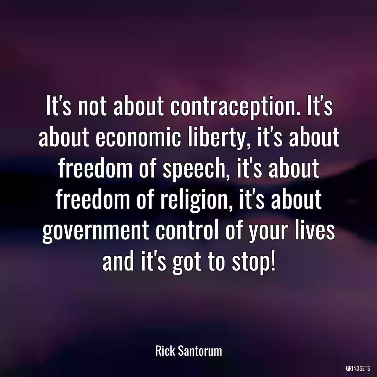 It\'s not about contraception. It\'s about economic liberty, it\'s about freedom of speech, it\'s about freedom of religion, it\'s about government control of your lives and it\'s got to stop!