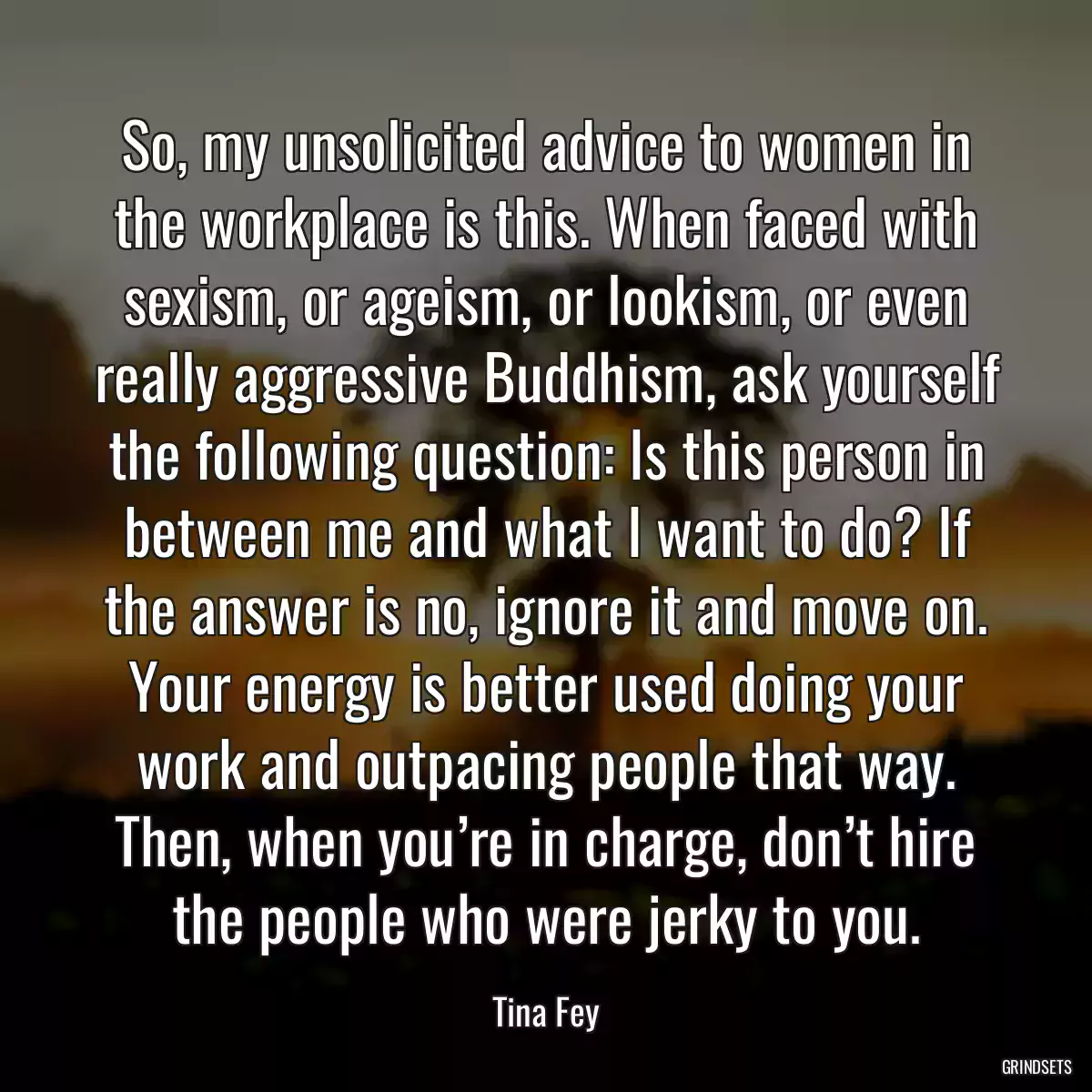 So, my unsolicited advice to women in the workplace is this. When faced with sexism, or ageism, or lookism, or even really aggressive Buddhism, ask yourself the following question: Is this person in between me and what I want to do? If the answer is no, ignore it and move on. Your energy is better used doing your work and outpacing people that way. Then, when you’re in charge, don’t hire the people who were jerky to you.