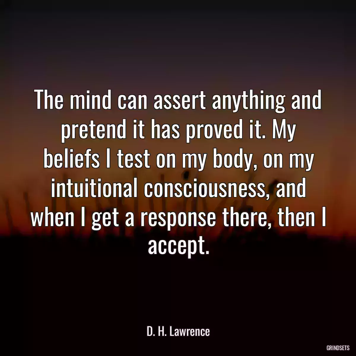 The mind can assert anything and pretend it has proved it. My beliefs I test on my body, on my intuitional consciousness, and when I get a response there, then I accept.