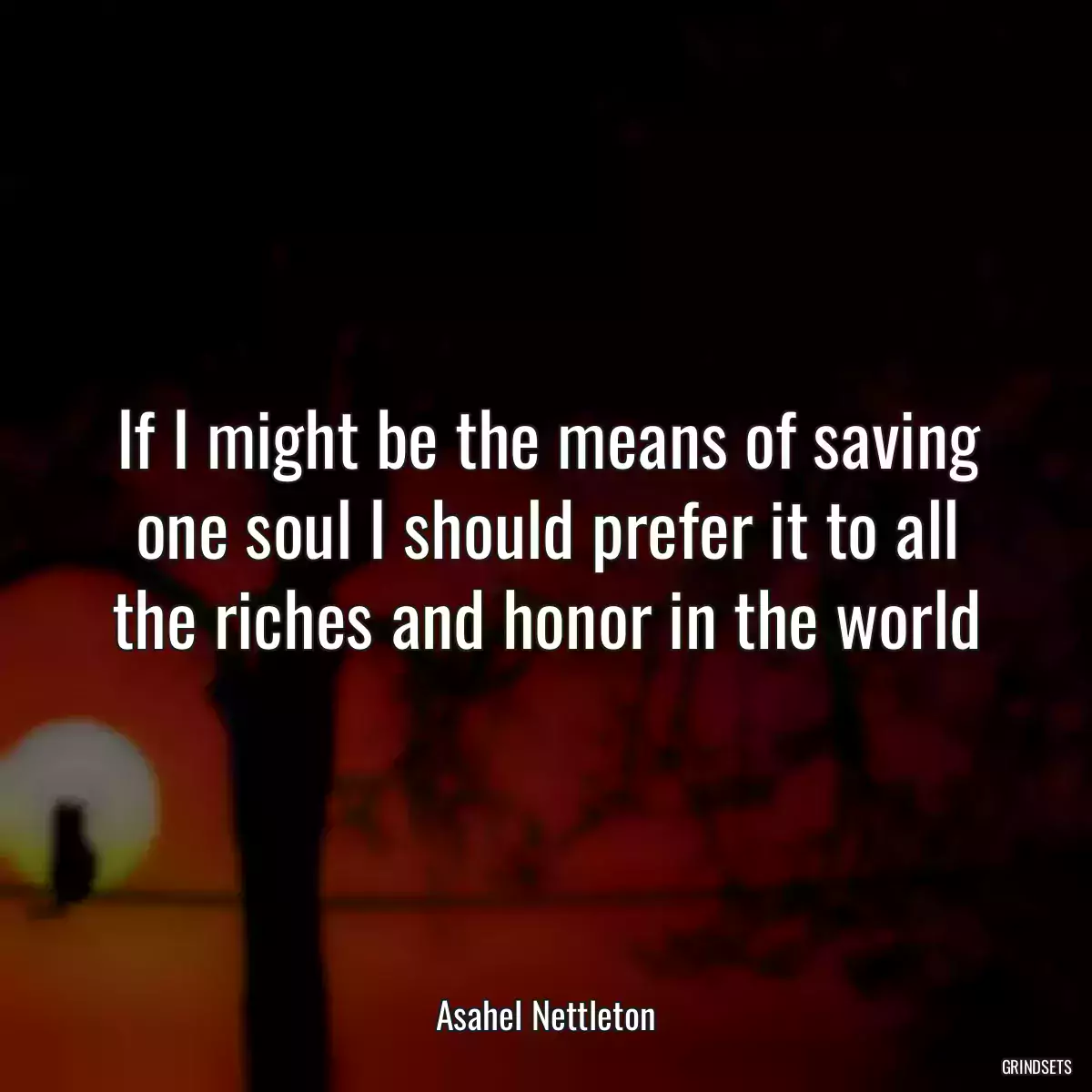 If I might be the means of saving one soul I should prefer it to all the riches and honor in the world