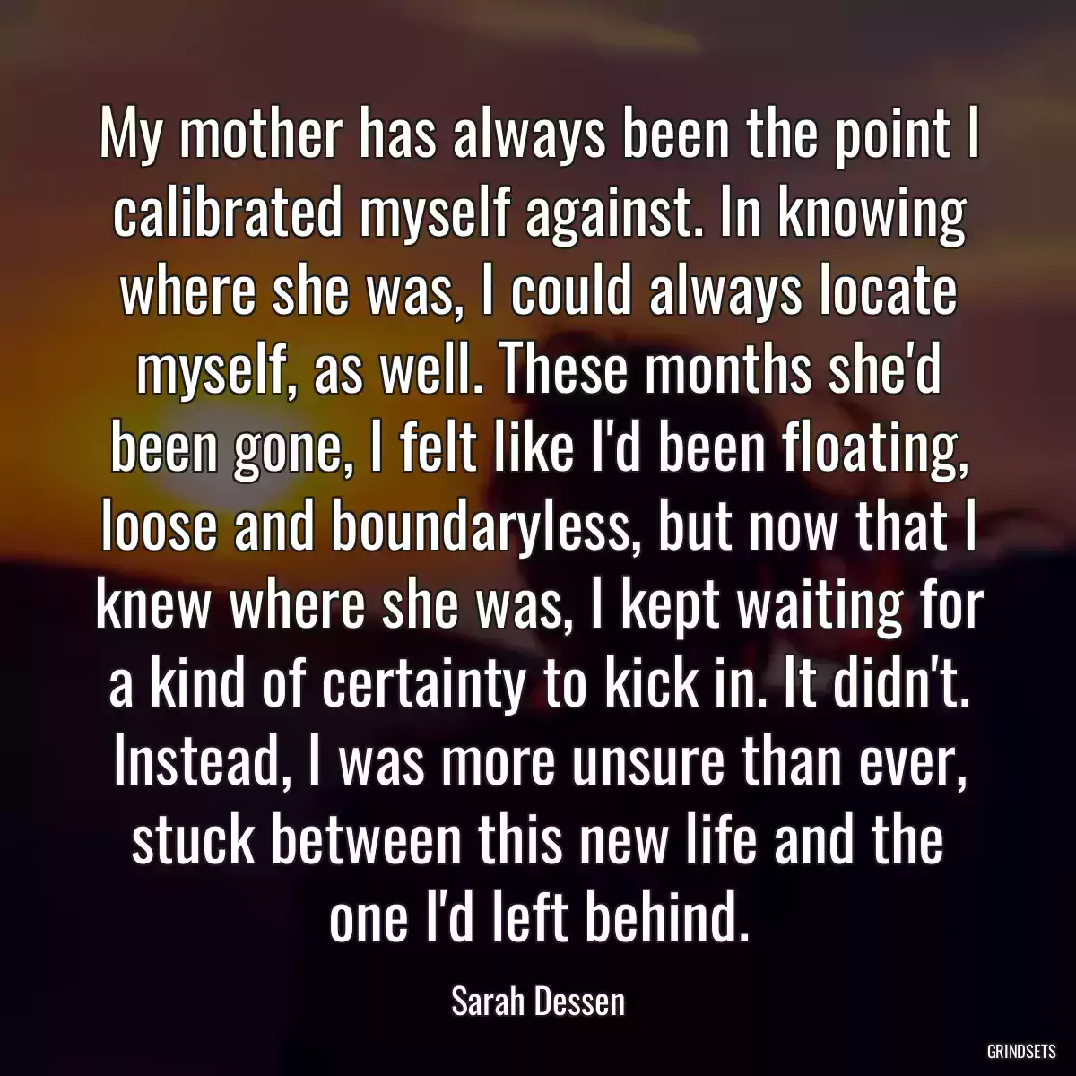 My mother has always been the point I calibrated myself against. In knowing where she was, I could always locate myself, as well. These months she\'d been gone, I felt like I\'d been floating, loose and boundaryless, but now that I knew where she was, I kept waiting for a kind of certainty to kick in. It didn\'t. Instead, I was more unsure than ever, stuck between this new life and the one I\'d left behind.