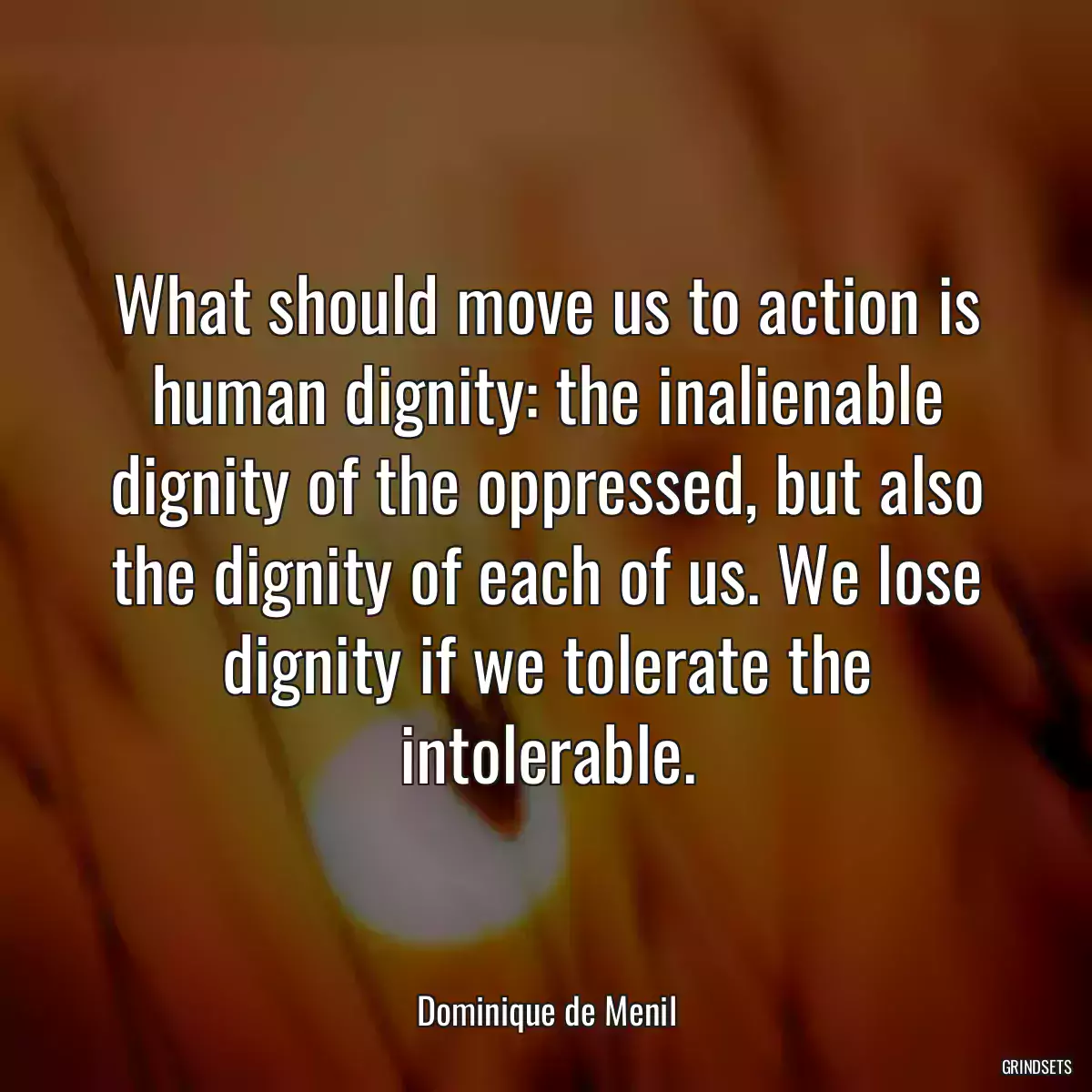 What should move us to action is human dignity: the inalienable dignity of the oppressed, but also the dignity of each of us. We lose dignity if we tolerate the intolerable.