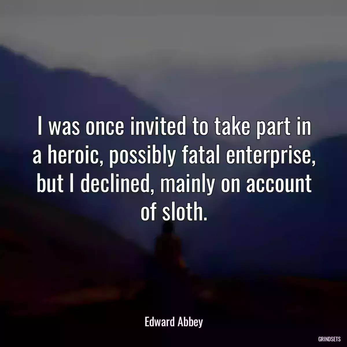 I was once invited to take part in a heroic, possibly fatal enterprise, but I declined, mainly on account of sloth.