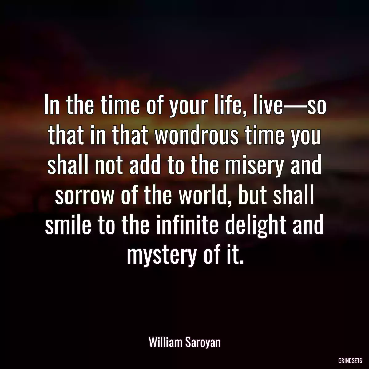 In the time of your life, live—so that in that wondrous time you shall not add to the misery and sorrow of the world, but shall smile to the infinite delight and mystery of it.